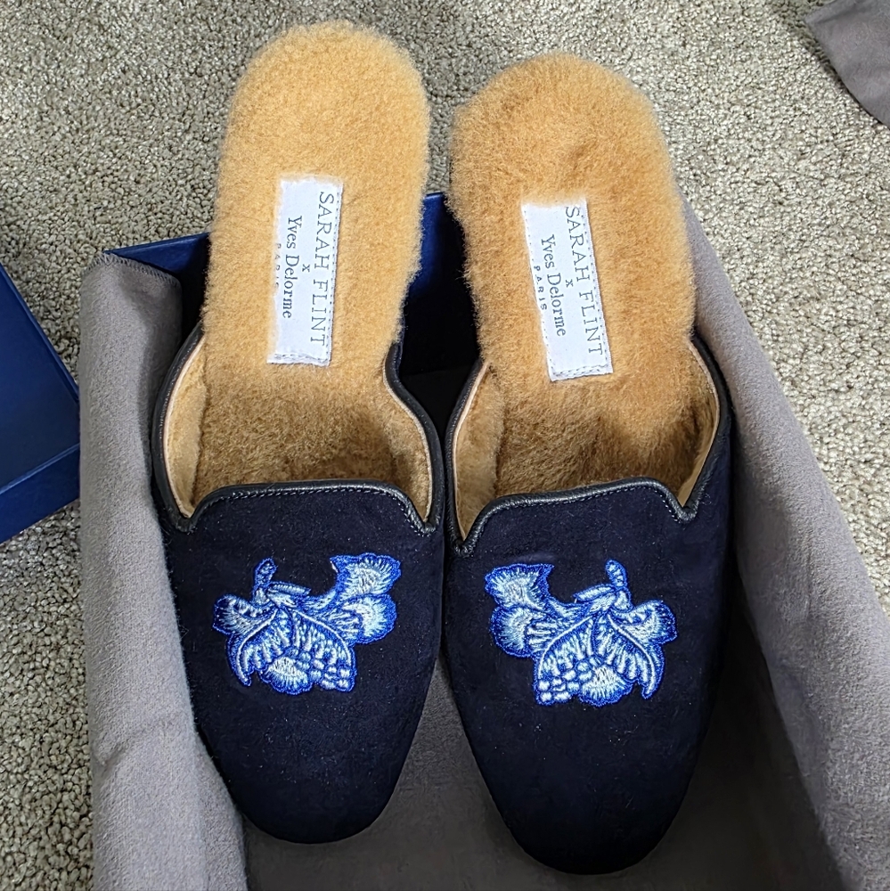 Sarah Flint Black and Blue Embroidered Slippers
